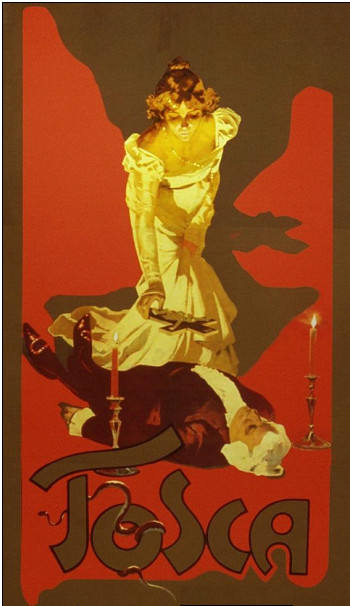 Original poster for Tosca (cropped), showing Tosca putting a crucifix on Scarpia's body.